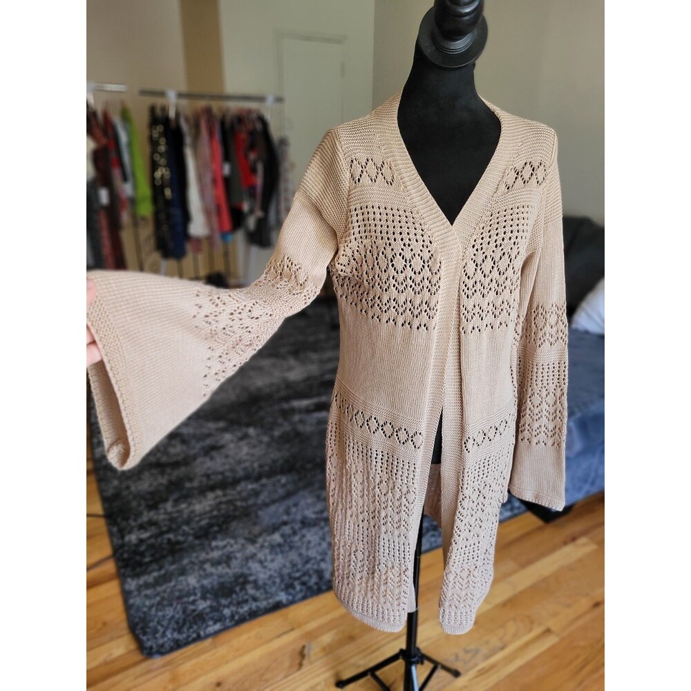 Salant Women's Pointelle Open-knit Duster Cardigan Large Beige Long Sleeve Boho